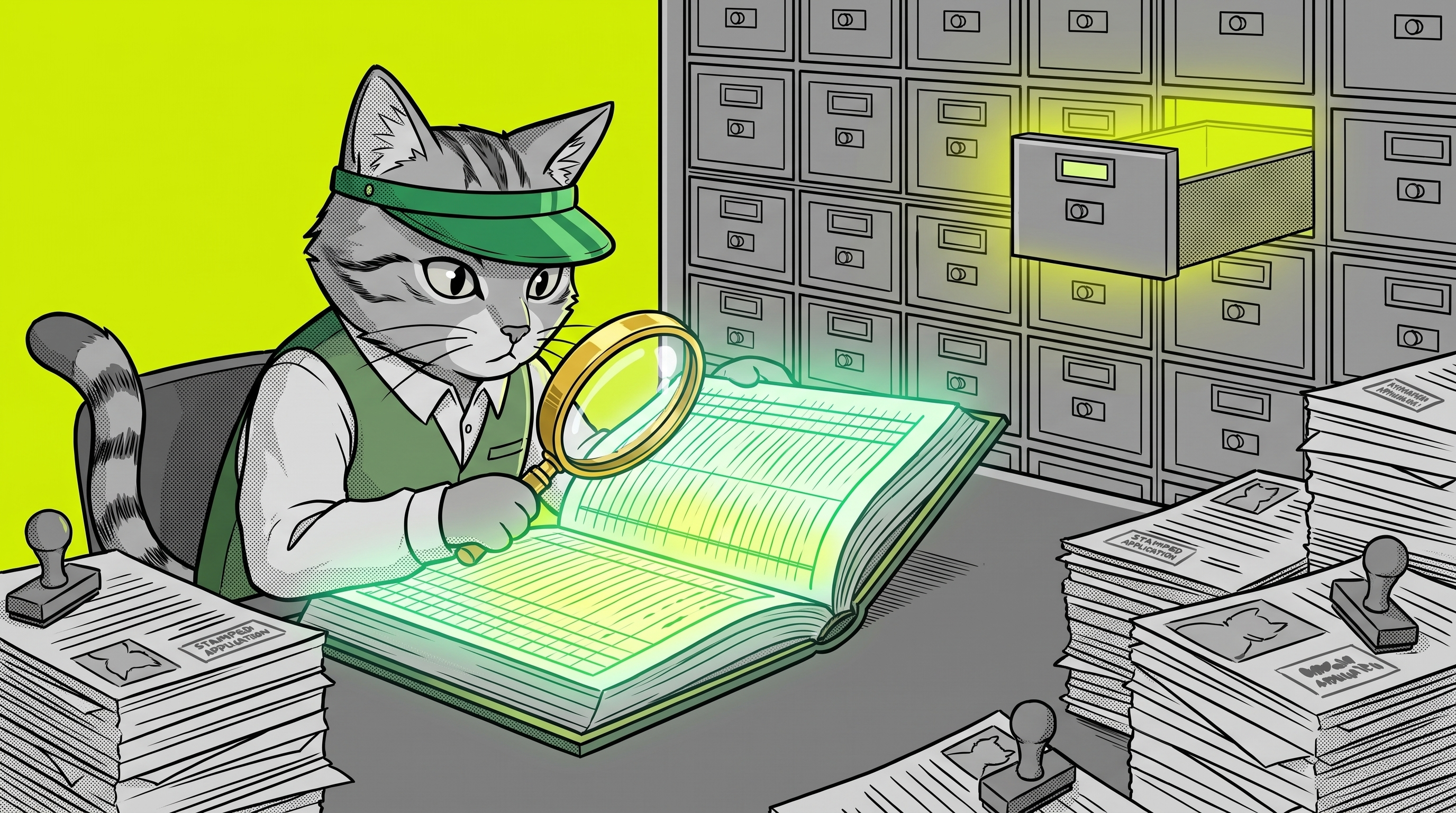 A clerk of the Reserve examining the ledger wall with a magnifying glass
